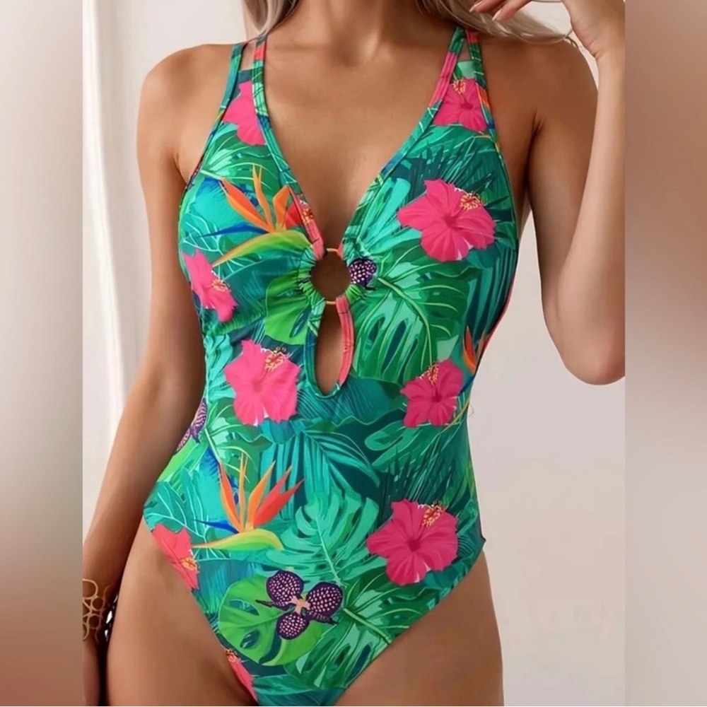 Tropical Floral One-Piece Swimsuit - Green/Pink